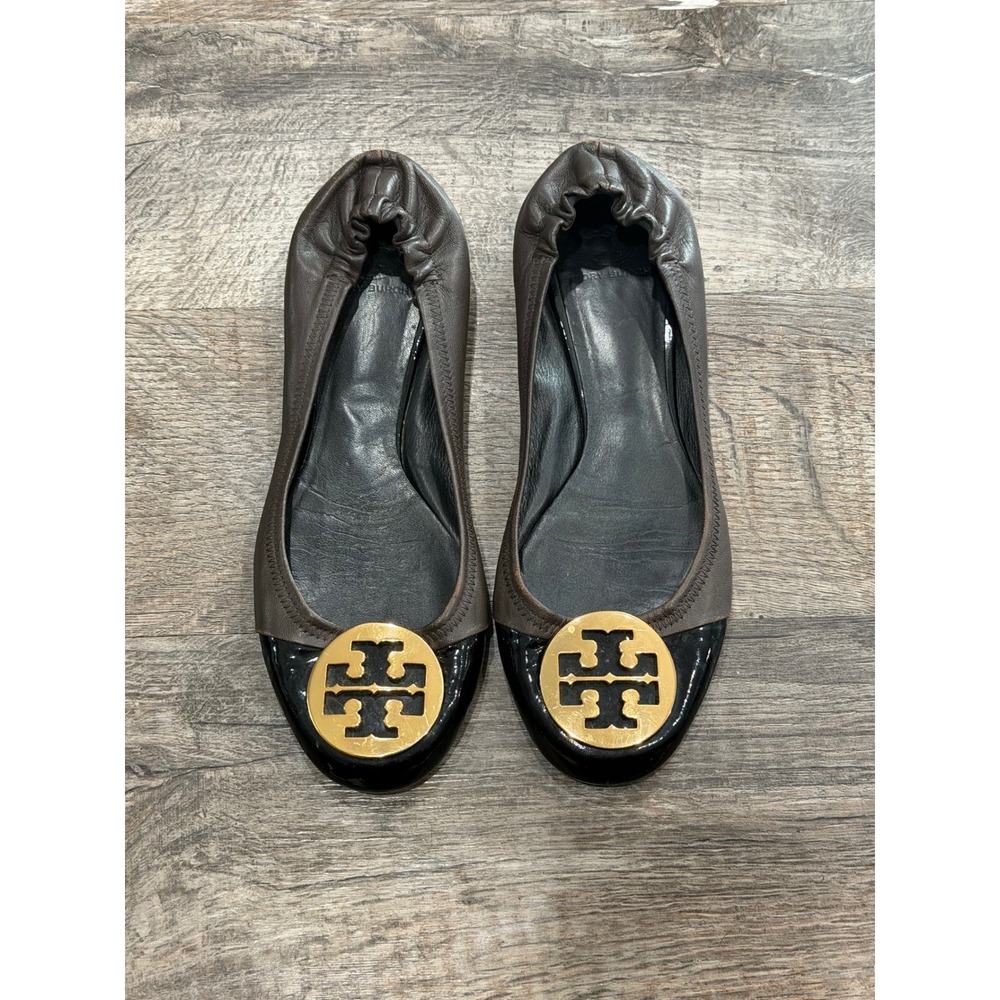 Tory Burch Reva Ballet Flats Brown Leather Black Patent Cap Toe Gold Logo